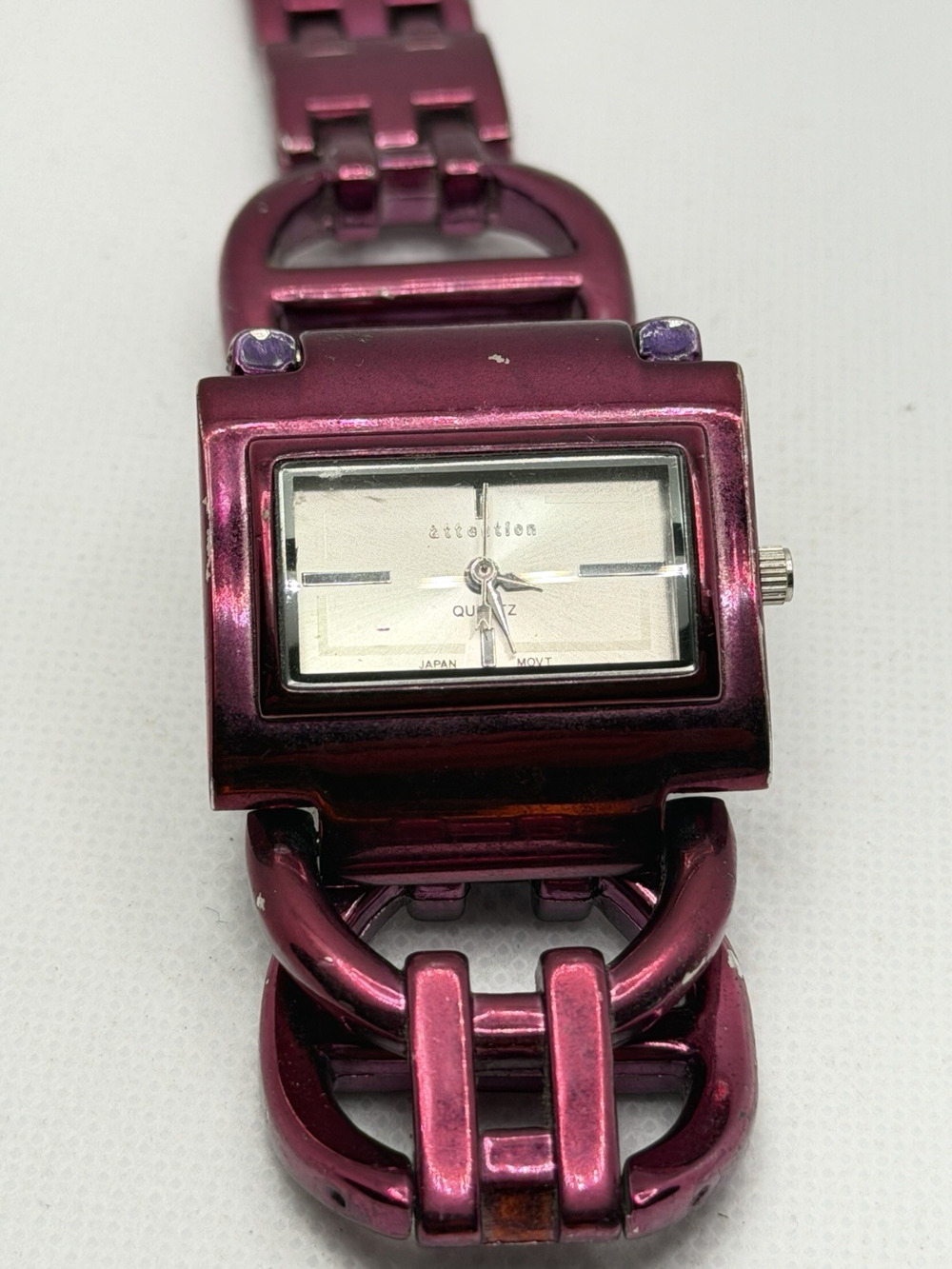 Attention Accutime KM1209 Womens Watch Purple Chunky Link 7" New Battery